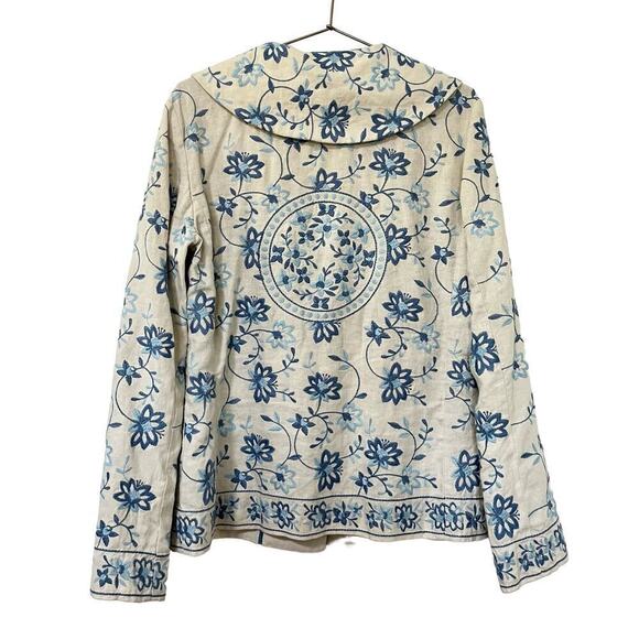 J. Jill Linen Floral Embroidered Jacket Size S Tall‎ Blue Star Boho - Picture 2 of 8